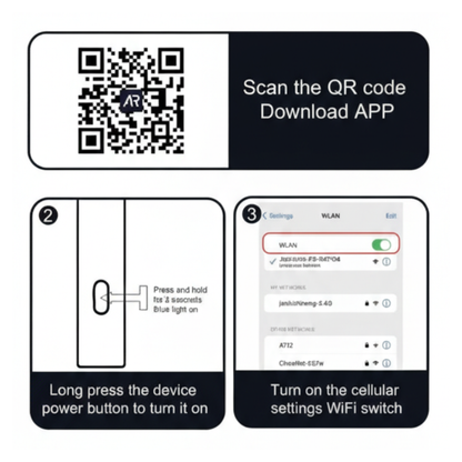 Instructions for using a device with QR code scanning and app download prompts.
