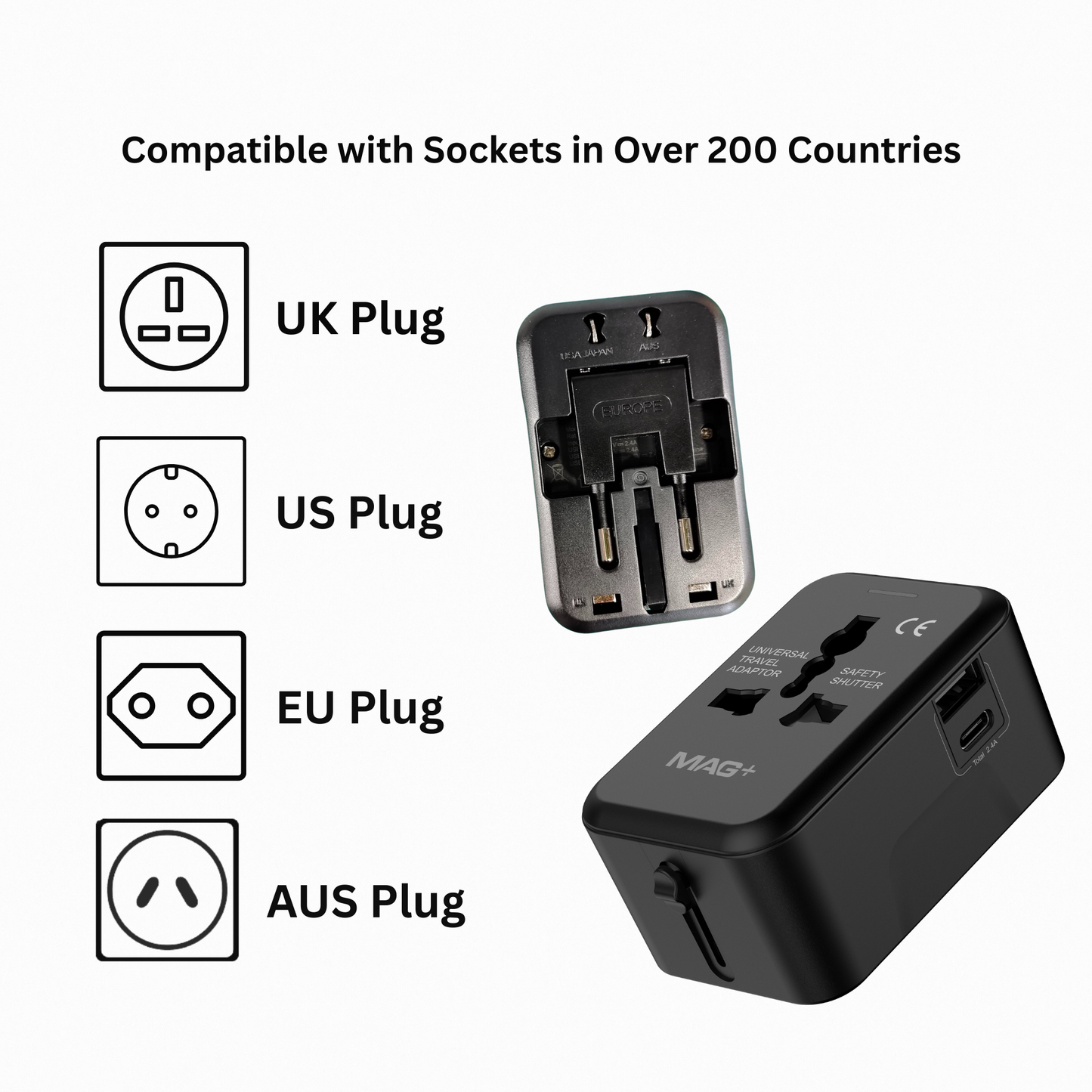 MAG+ Travel Adapter with USB A+C Charging Port Black