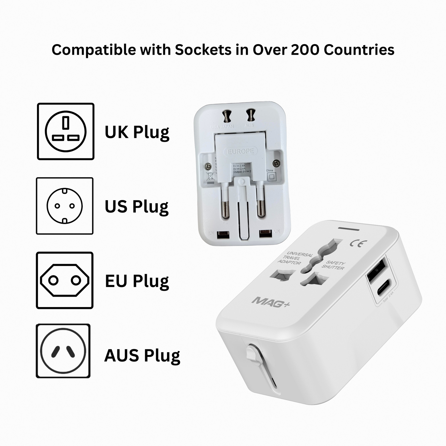 MAG+ Travel Adapter with USB A+C Charging Port White