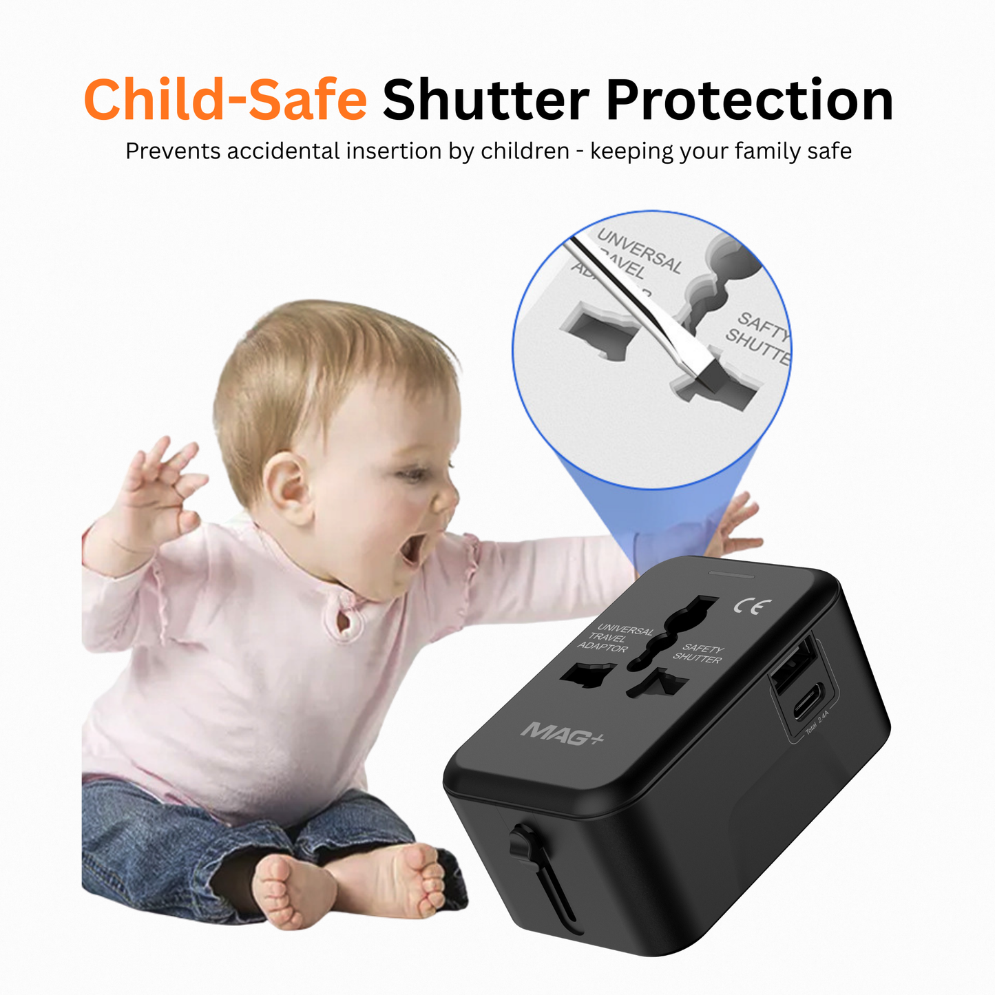 MAG+ Travel Adapter with USB A+C Charging Port Black