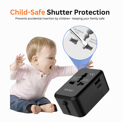 MAG+ Travel Adapter with USB A+C Charging Port Black